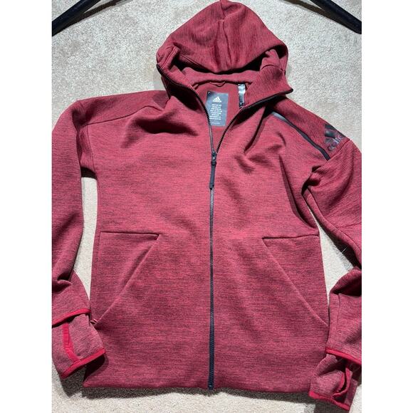 Adidas ZNE Full Zip Mens Maroon Cotton/Poly Thumb Holes Training Hoodie Jacket S - Picture 1 of 5